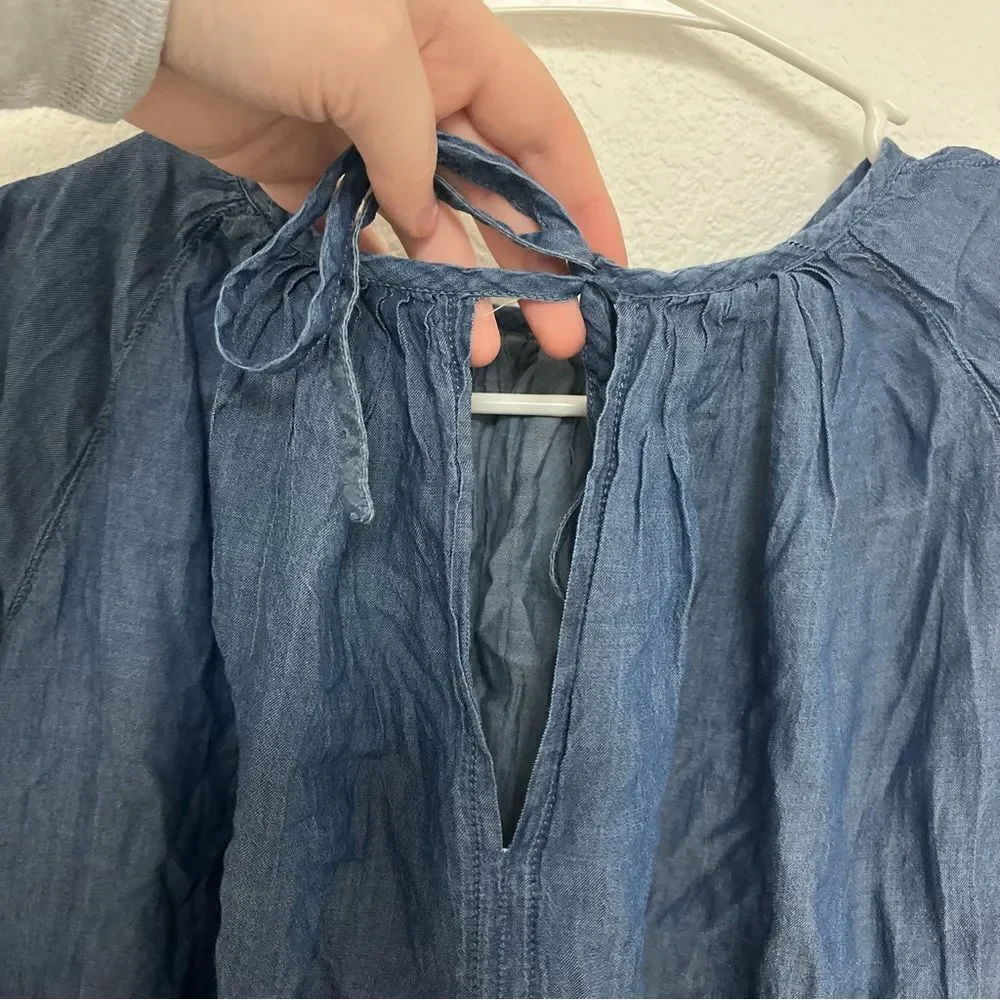 Madewell Womens XXS Chambray Blouse‎ Top 3/4 Puff Sleeve Pintuck Keyhole Neck